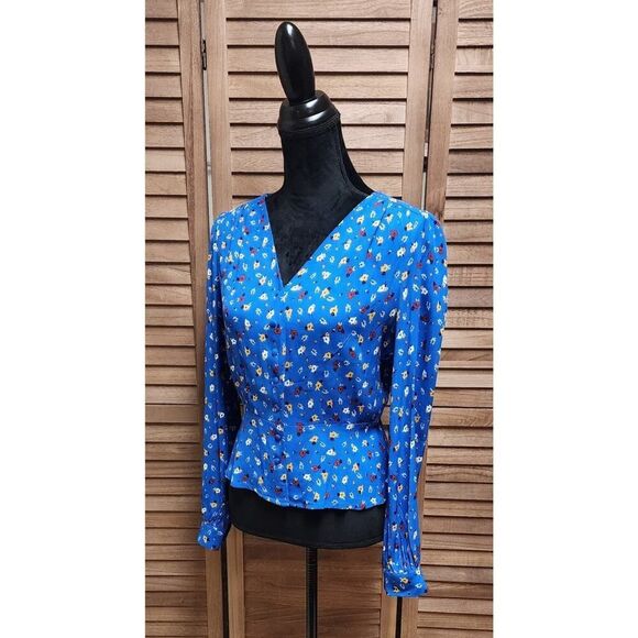 Philosophy ba&sh Lali Blue Floral Viscose V-Neck Long Sleeve Blouse Size Medium - Picture 6 of 8